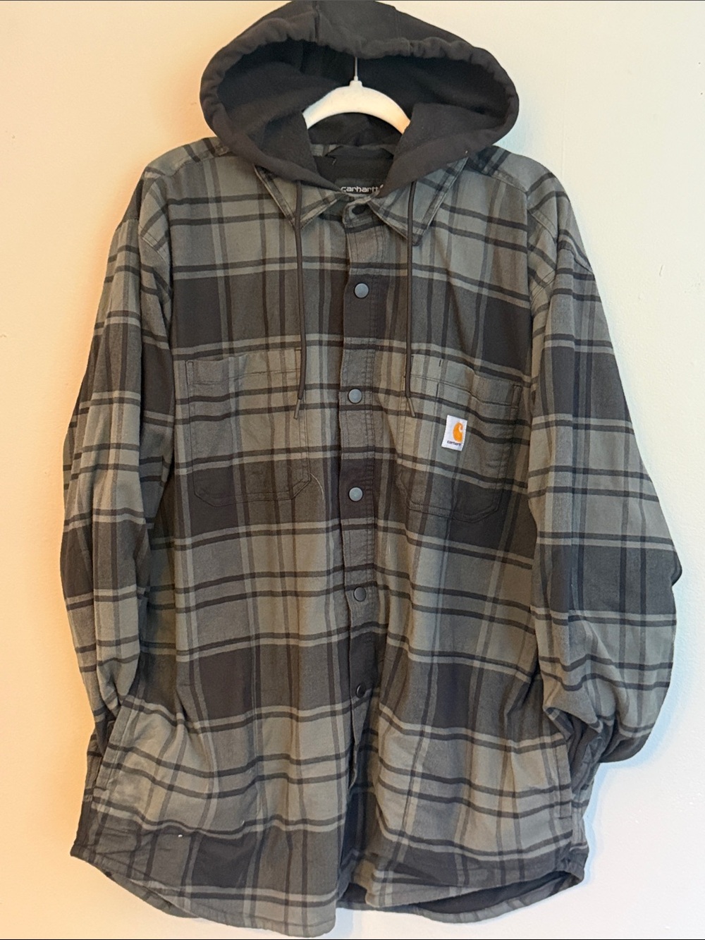 Carhartt Men's Olive & Black Plaid Lightweight Shirt Jacket with Hood